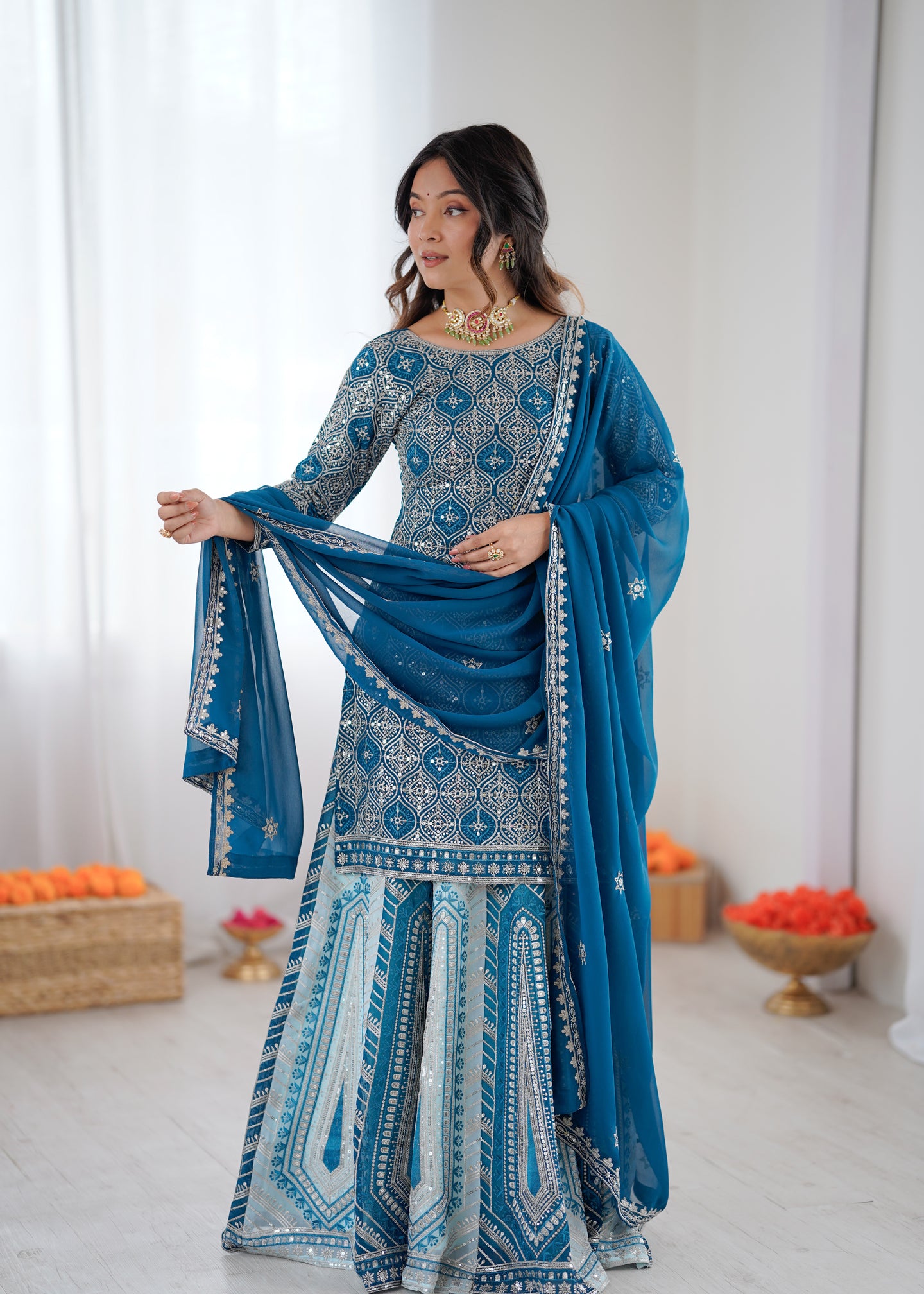 Designer Faux Georgette Lehenga Set with Thread & Sequin Work and Semi-Stitched Top