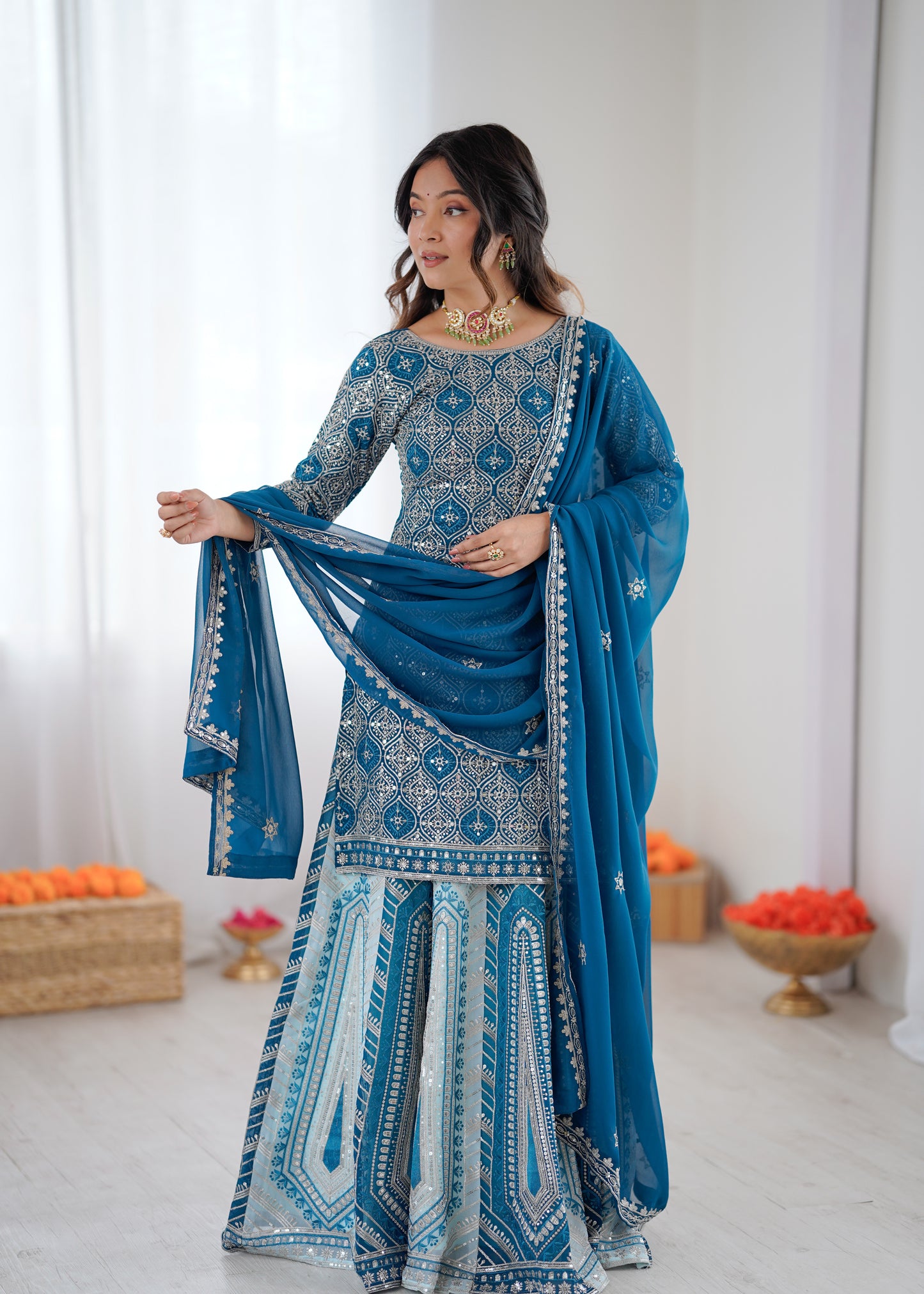 Designer Faux Georgette Lehenga Set with Thread & Sequin Work and Semi-Stitched Top