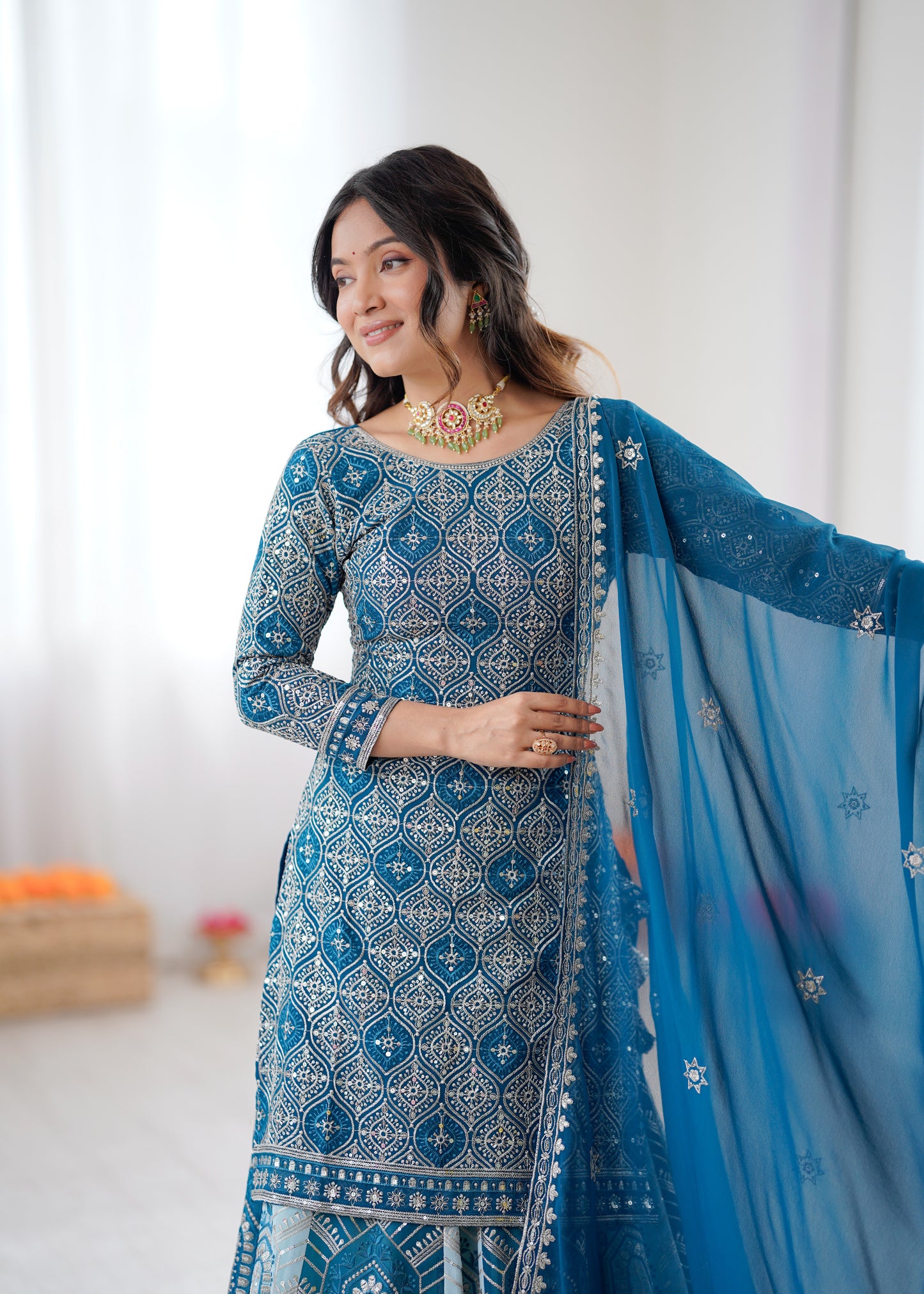 Designer Faux Georgette Lehenga Set with Thread & Sequin Work and Semi-Stitched Top
