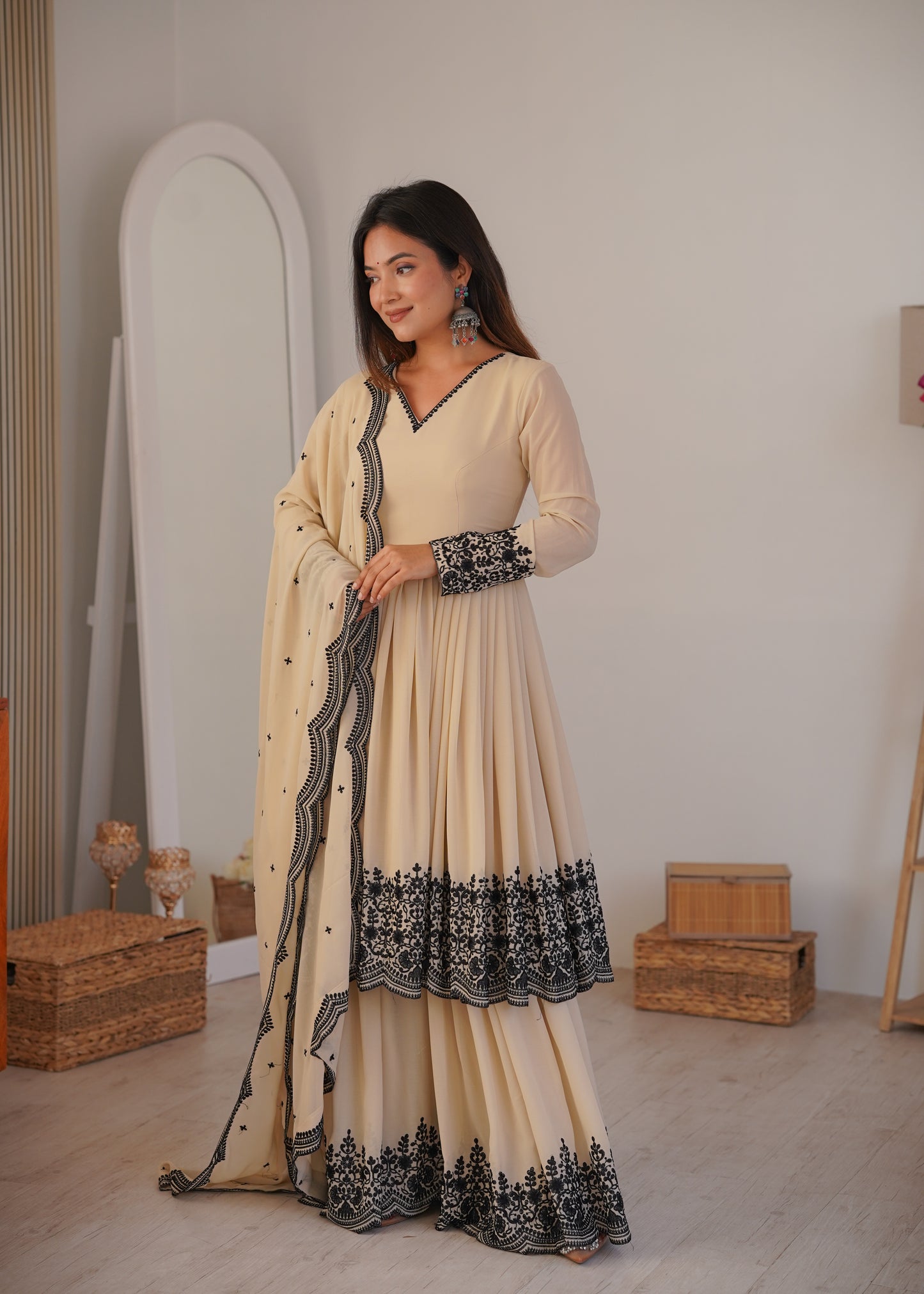 Designer Premium Faux Georgette Suit Set with Embroidery and Fully Stitched Plazzo