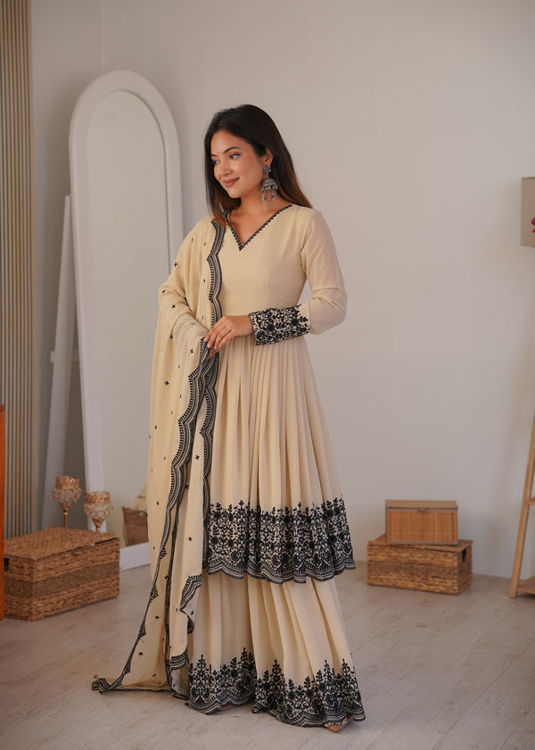 Designer Premium Faux Georgette Suit Set with Embroidery and Fully Stitched Plazzo
