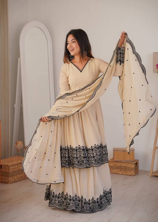 Designer Premium Faux Georgette Suit Set with Embroidery and Fully Stitched Plazzo