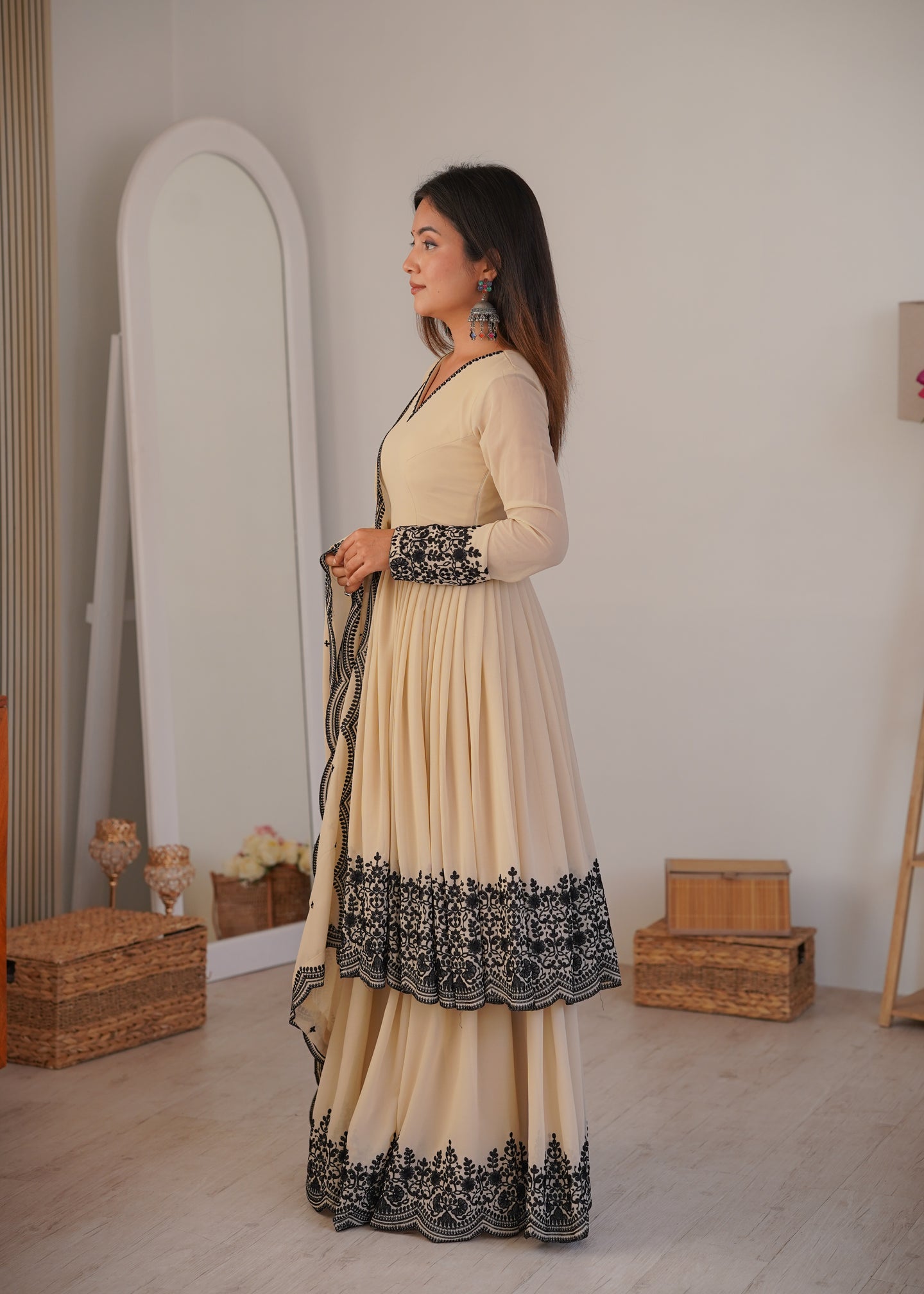 Designer Premium Faux Georgette Suit Set with Embroidery and Fully Stitched Plazzo