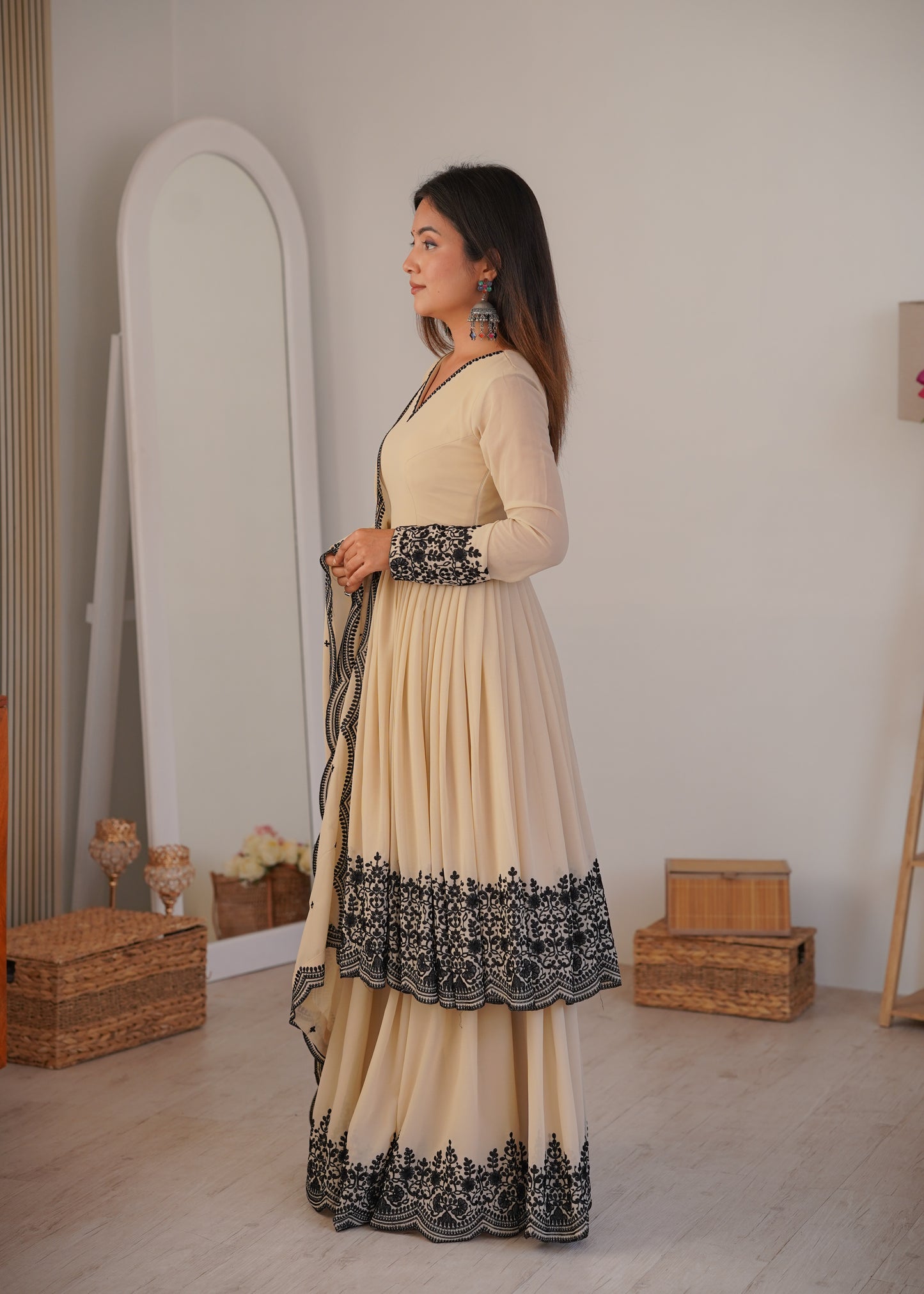 Designer Premium Faux Georgette Suit Set with Embroidery and Fully Stitched Plazzo