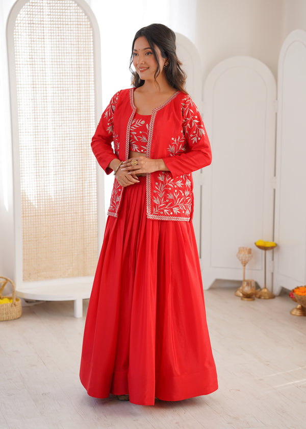 Designer Heavy Chinon Silk Lehenga Set with Thread & Sequin Embroidered Blouse and Koti