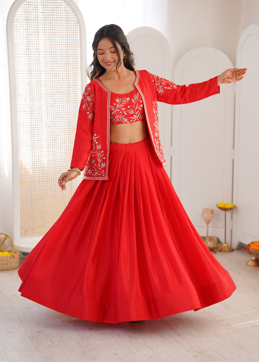 Designer Heavy Chinon Silk Lehenga Set with Thread & Sequin Embroidered Blouse and Koti