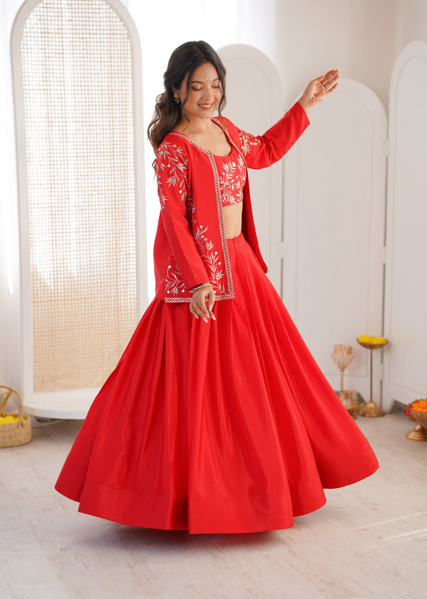 Designer Heavy Chinon Silk Lehenga Set with Thread & Sequin Embroidered Blouse and Koti