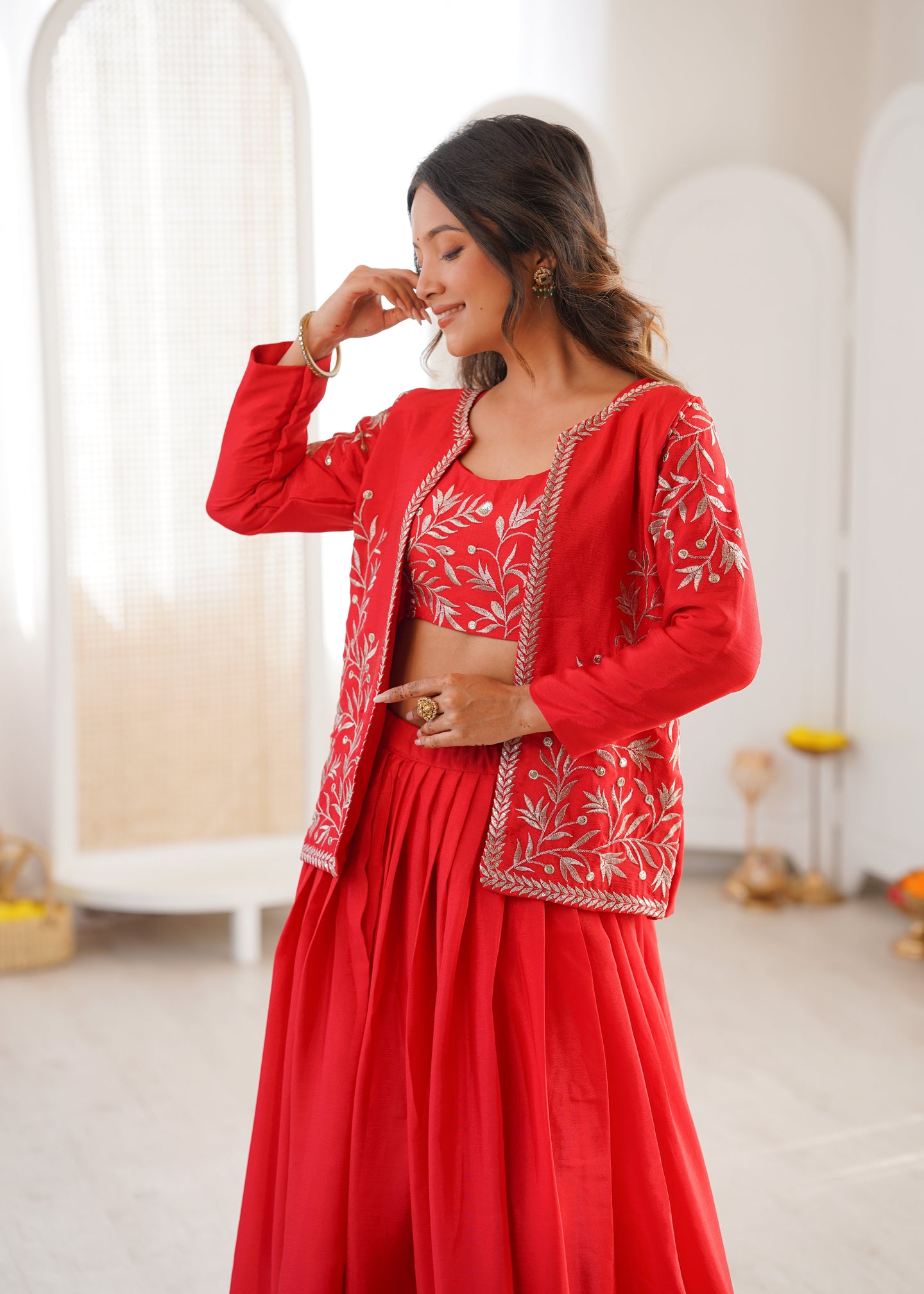 Designer Heavy Chinon Silk Lehenga Set with Thread & Sequin Embroidered Blouse and Koti