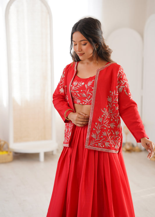 Designer Heavy Chinon Silk Lehenga Set with Thread & Sequin Embroidered Blouse and Koti