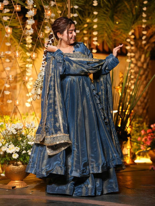 Midnight Blue Vichitra Silk Designer Anarkali Suit Set