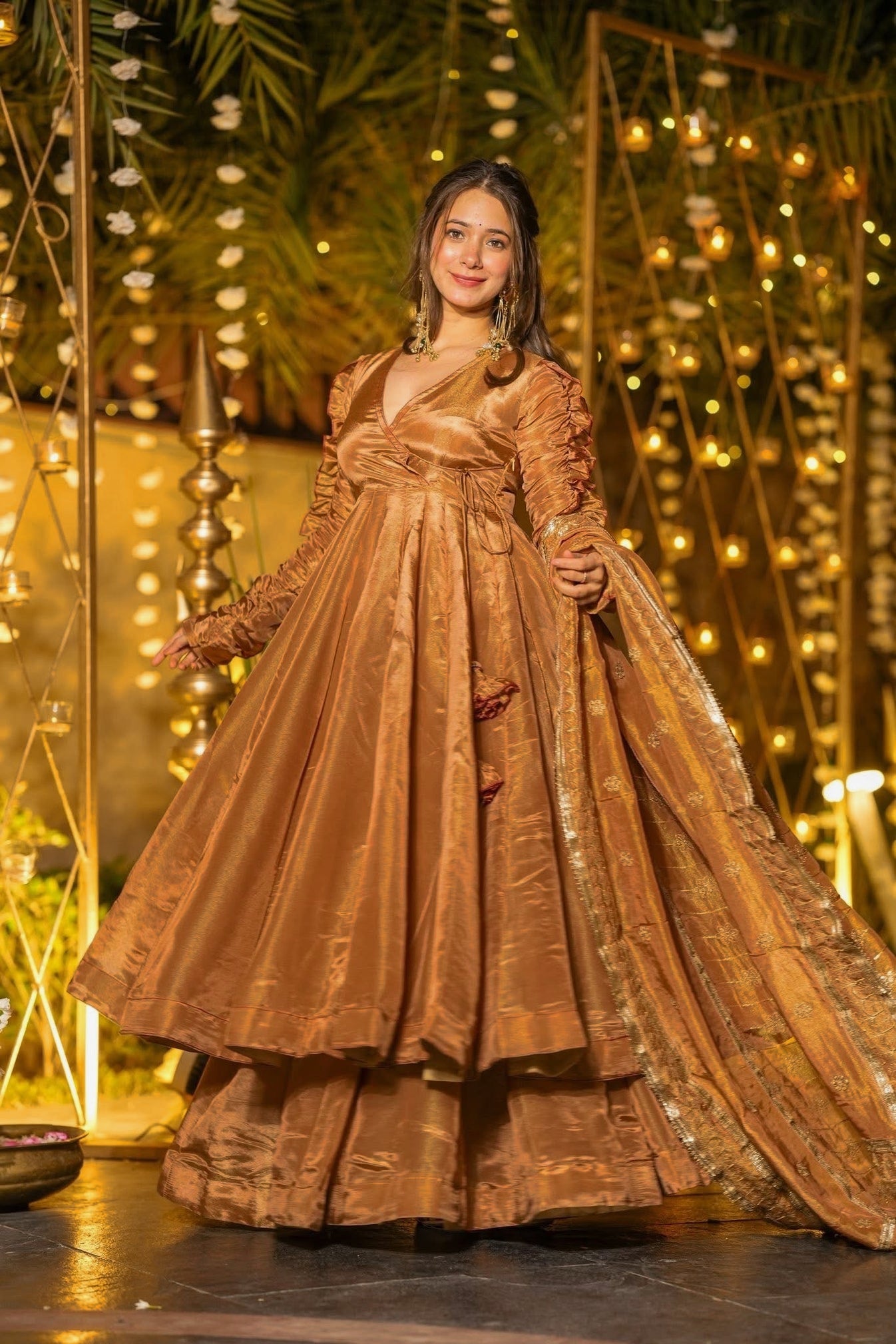 Copper Gold Designer Anarkali Suit Set with Embroidered Dupatta