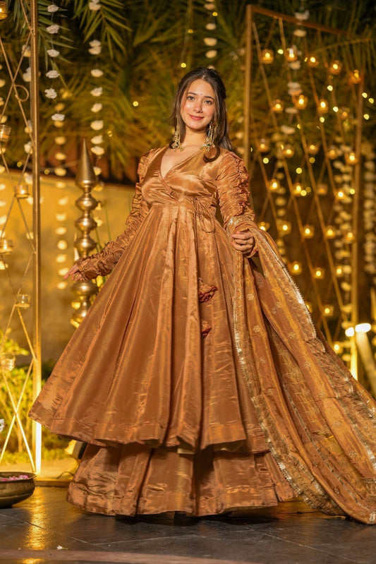 Copper Gold Designer Anarkali Suit Set with Embroidered Dupatta