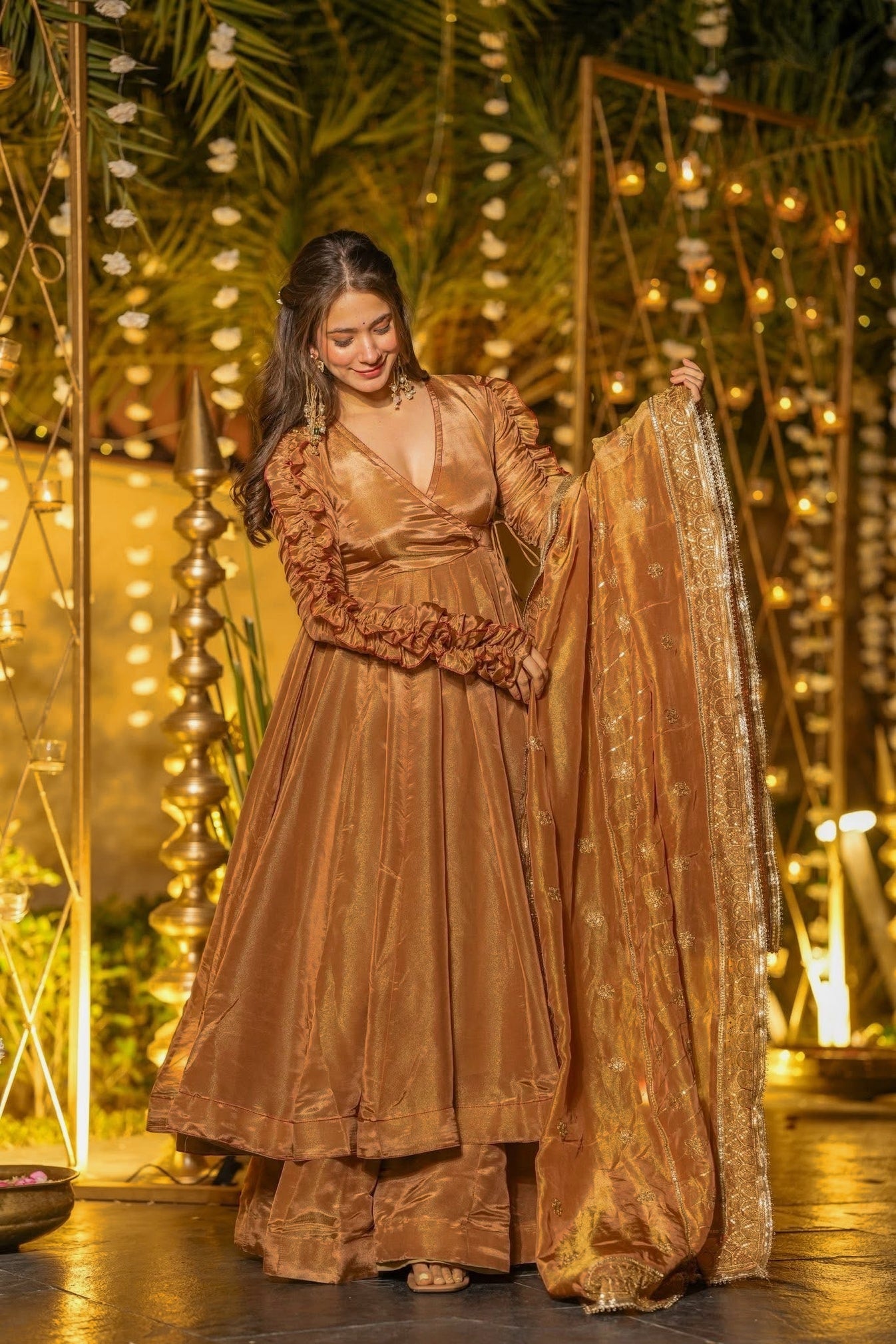 Copper Gold Designer Anarkali Suit Set with Embroidered Dupatta