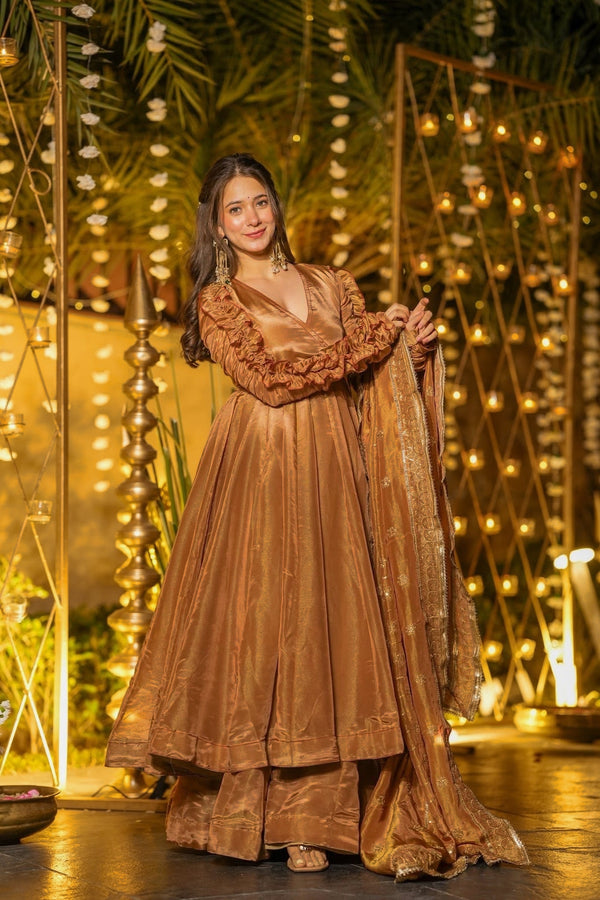 Copper Gold Designer Anarkali Suit Set with Embroidered Dupatta
