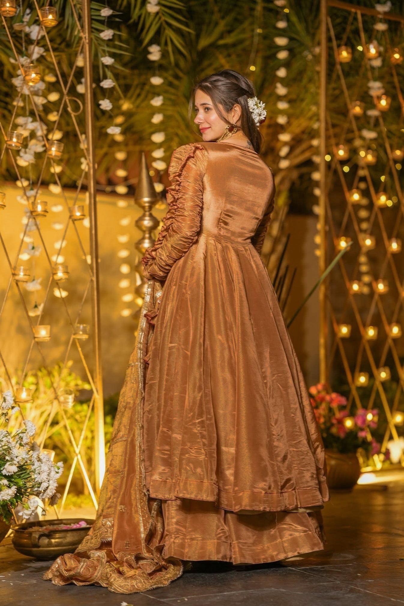 Copper Gold Designer Anarkali Suit Set with Embroidered Dupatta
