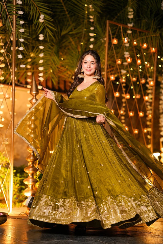 Women’s Olive Green Heavy Crunchy Silk Designer Anarkali Suit Set