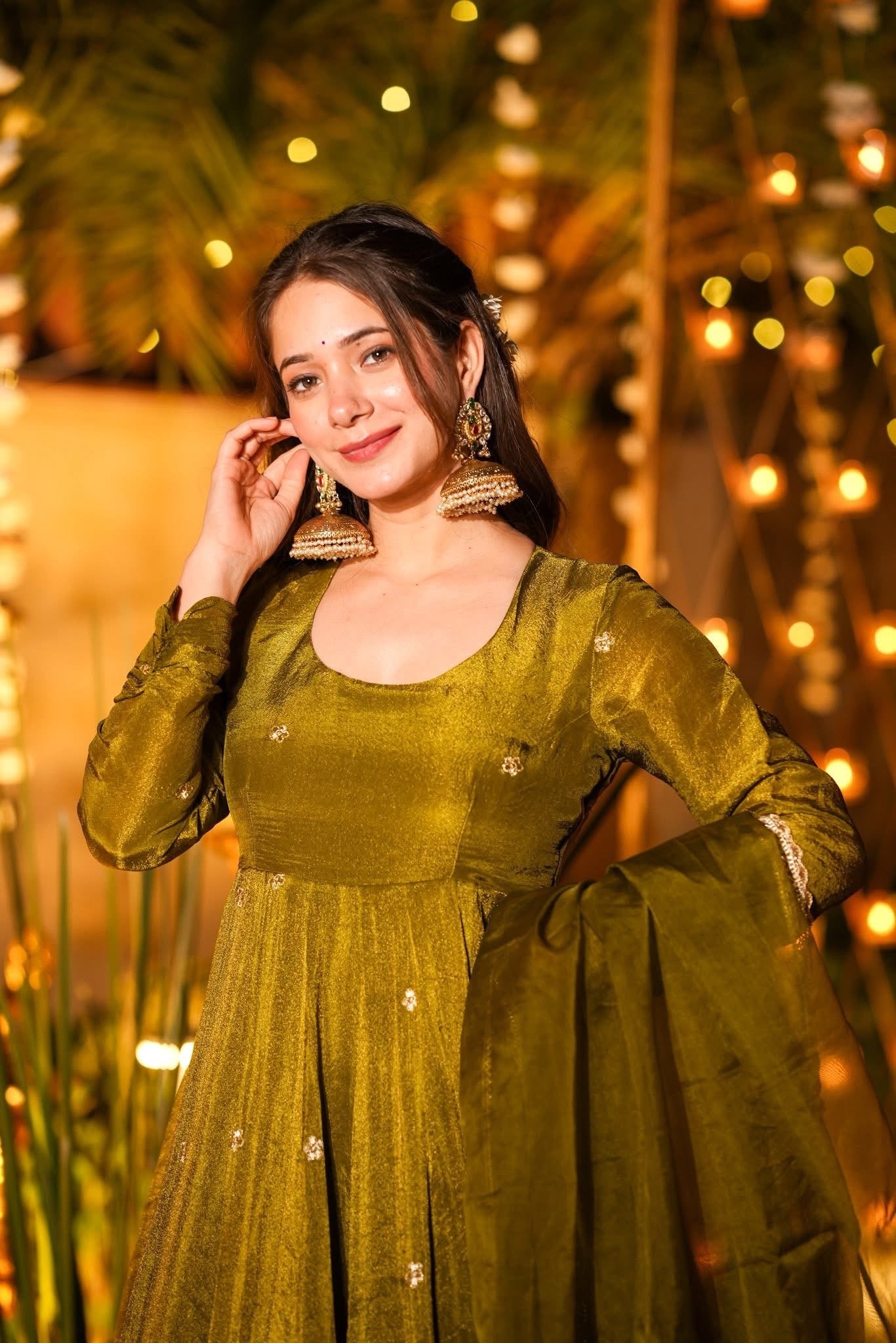 Women’s Olive Green Heavy Crunchy Silk Designer Anarkali Suit Set