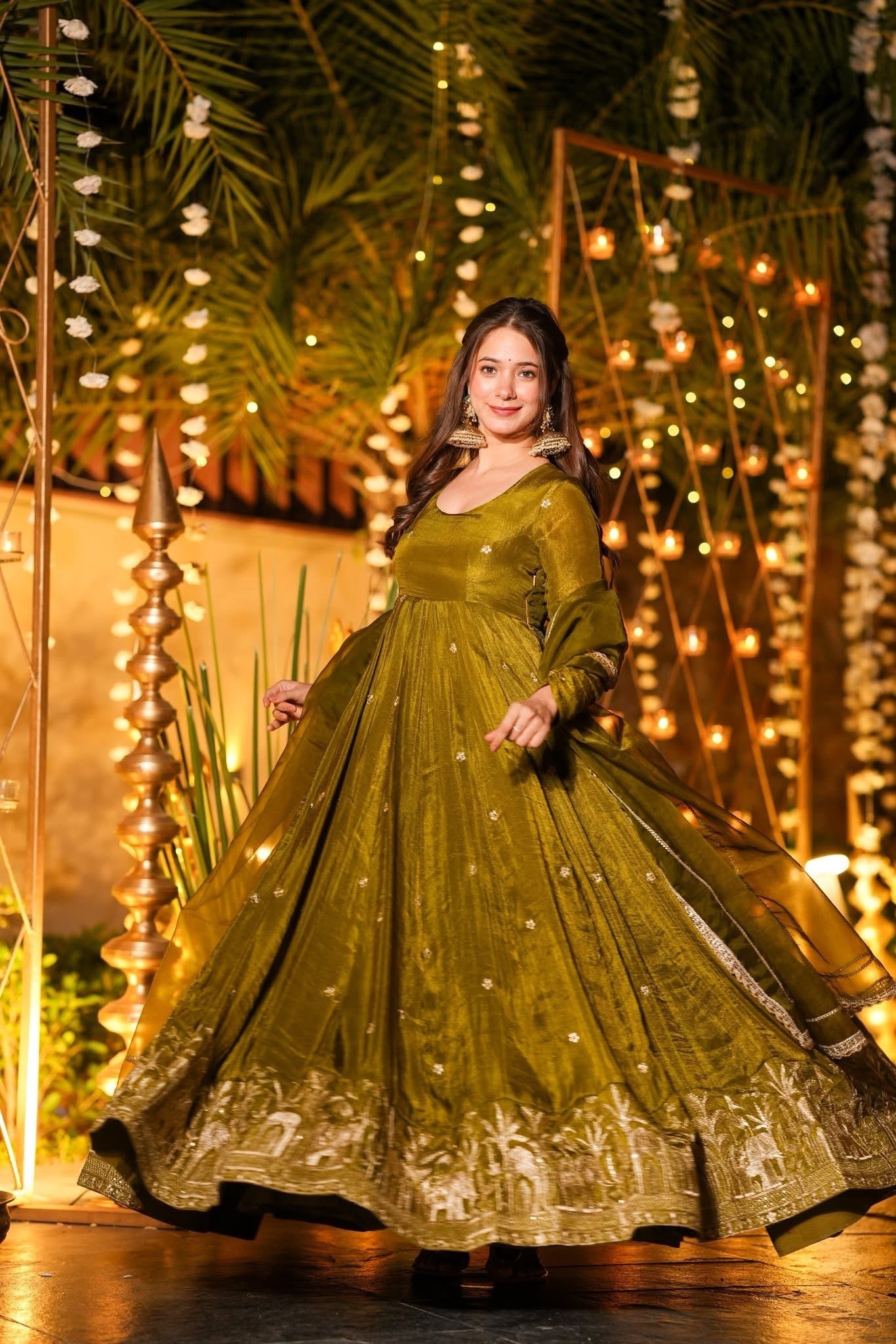 Women’s Olive Green Heavy Crunchy Silk Designer Anarkali Suit Set