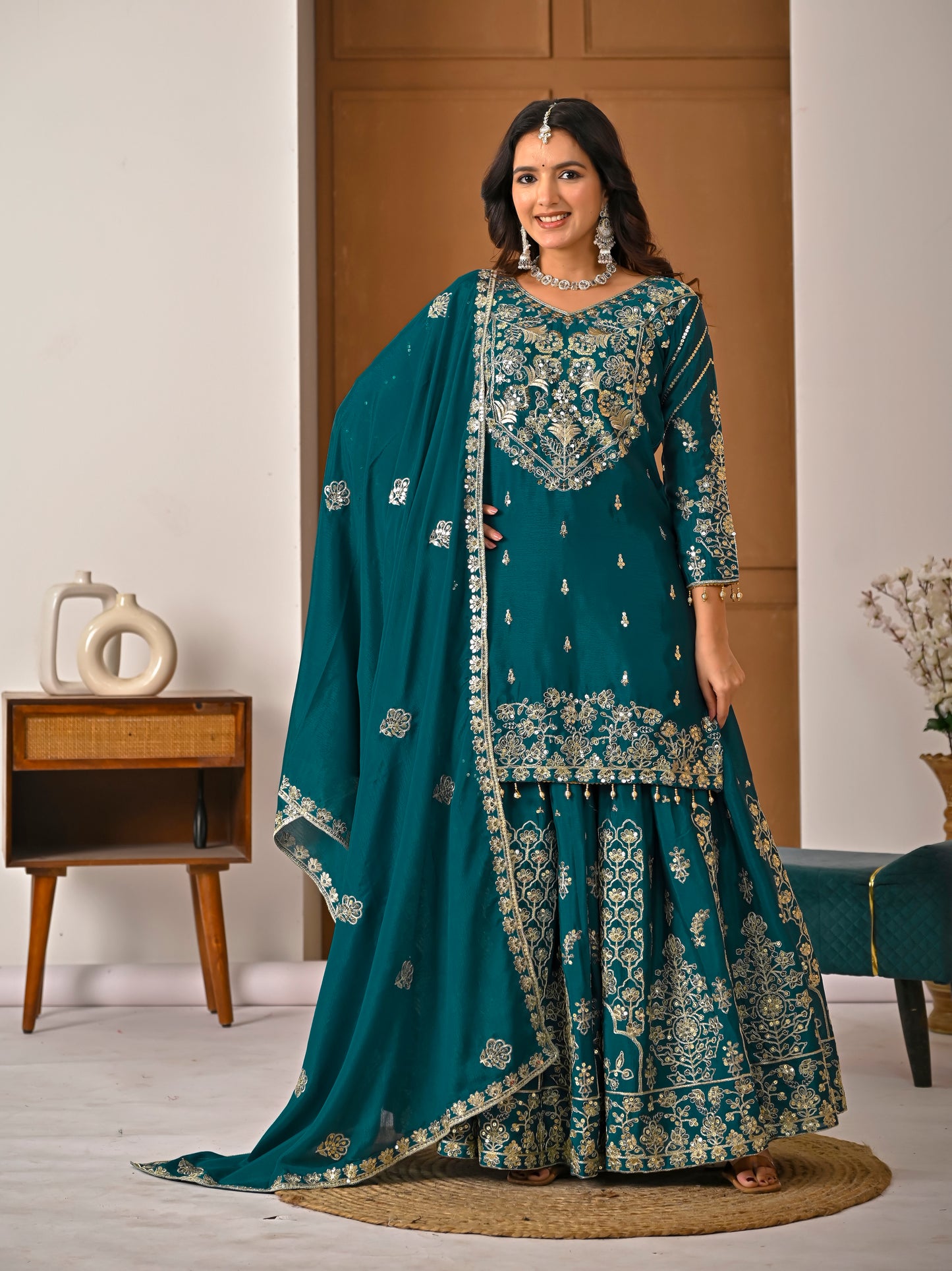 Women’s Designer Chinnon Silk Heavy Embroidered Lehenga Set with Dupatta