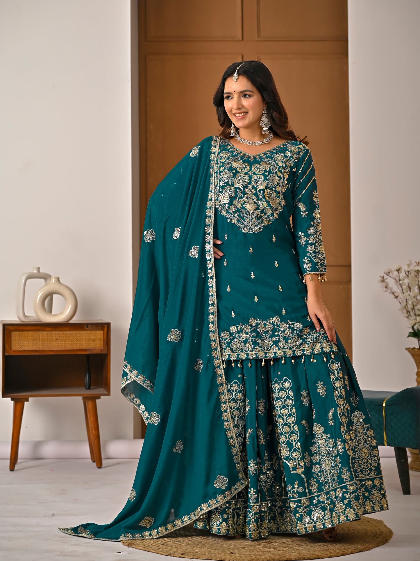Women’s Designer Chinnon Silk Heavy Embroidered Lehenga Set with Dupatta