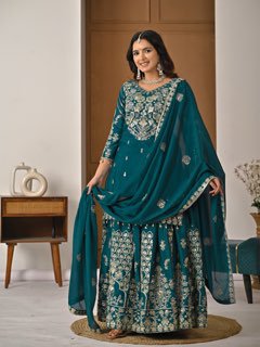 Women’s Designer Chinnon Silk Heavy Embroidered Lehenga Set with Dupatta