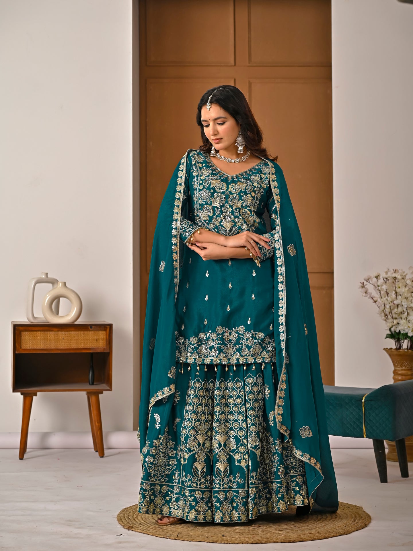 Women’s Designer Chinnon Silk Heavy Embroidered Lehenga Set with Dupatta