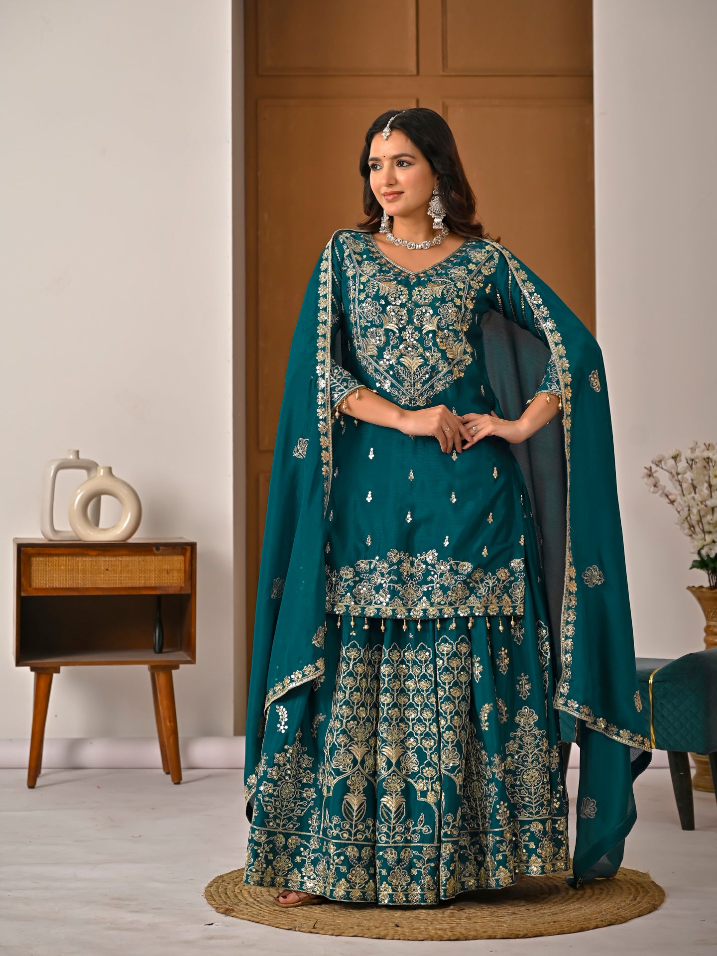 Women’s Designer Chinnon Silk Heavy Embroidered Lehenga Set with Dupatta