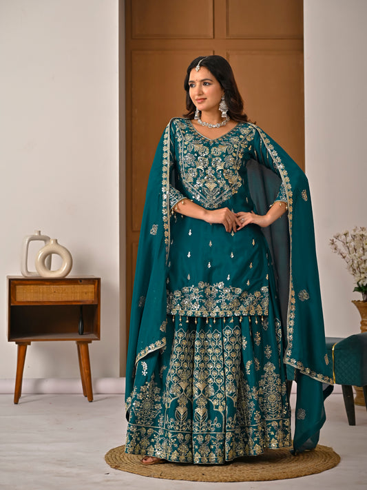 Women’s Designer Chinnon Silk Heavy Embroidered Lehenga Set with Dupatta