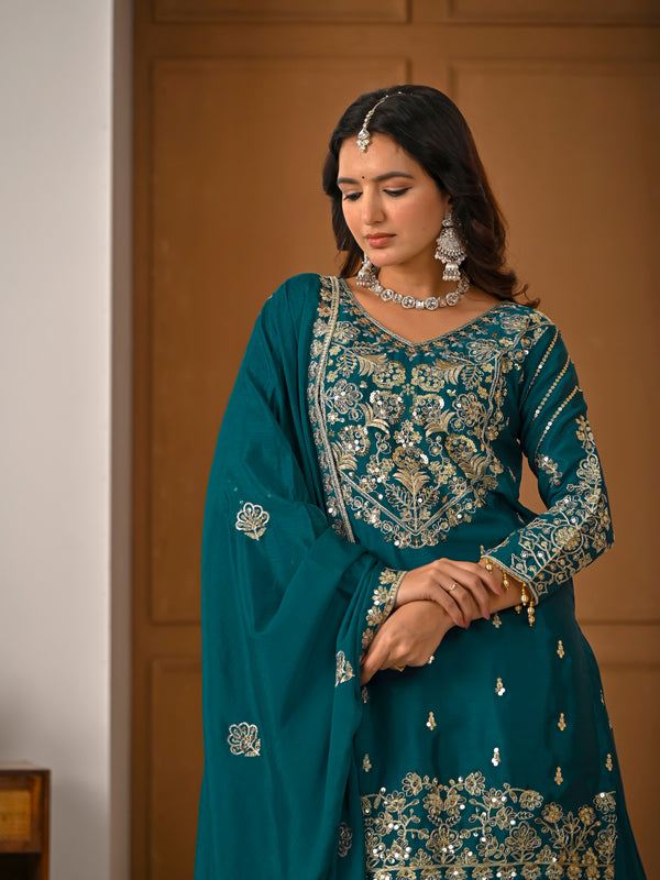 Women’s Designer Chinnon Silk Heavy Embroidered Lehenga Set with Dupatta