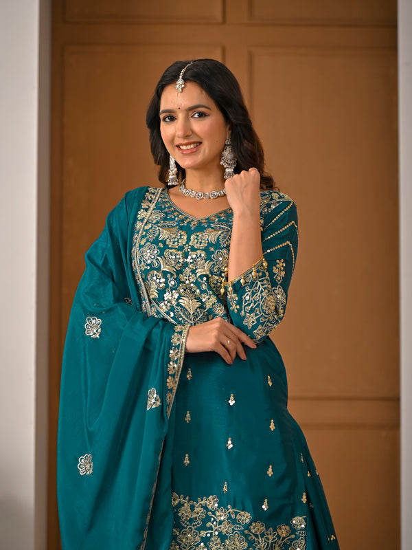 Women’s Designer Chinnon Silk Heavy Embroidered Lehenga Set with Dupatta
