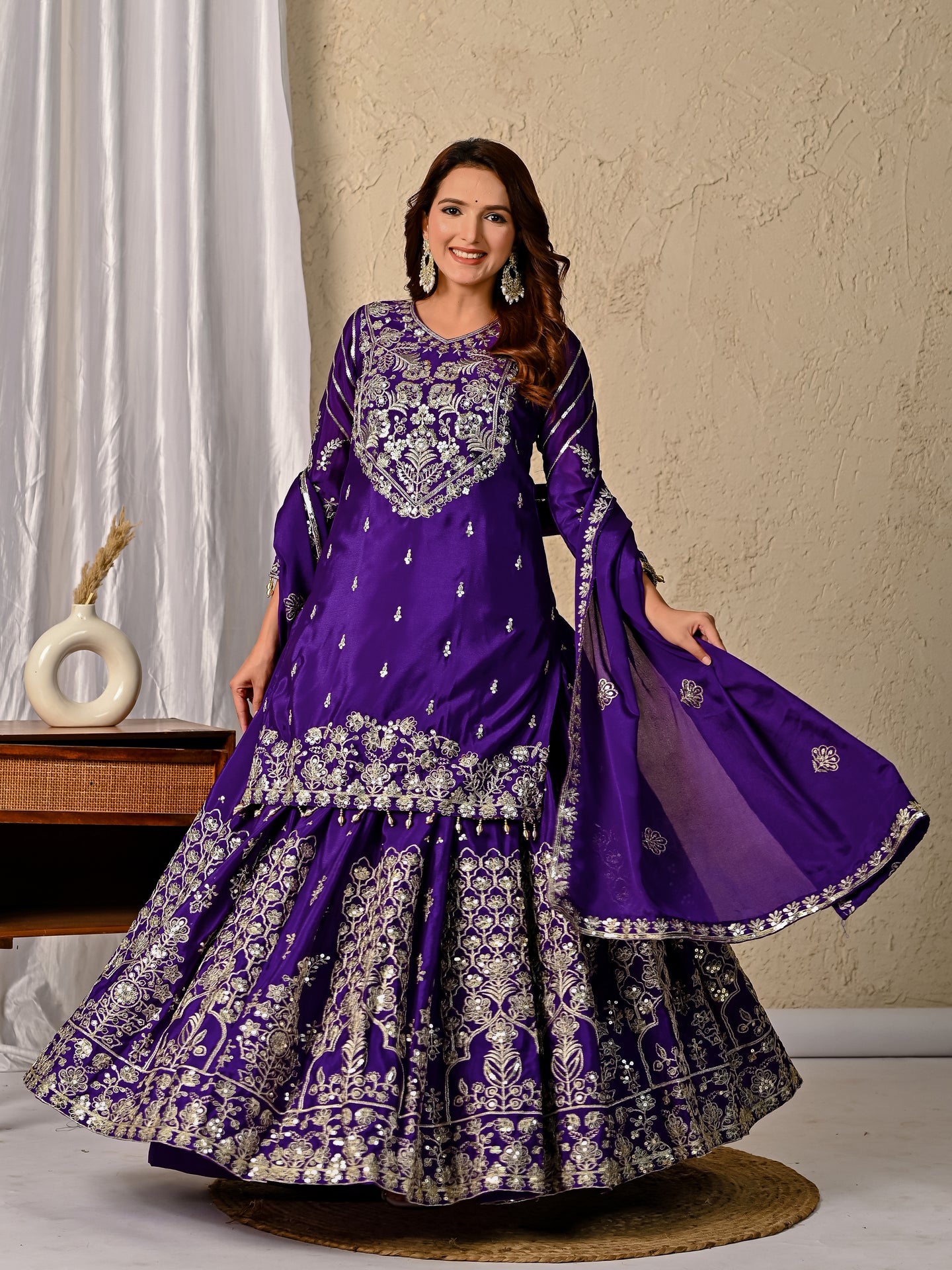 Women’s Designer Chinnon Silk Heavy Embroidered Lehenga Set with Dupatta
