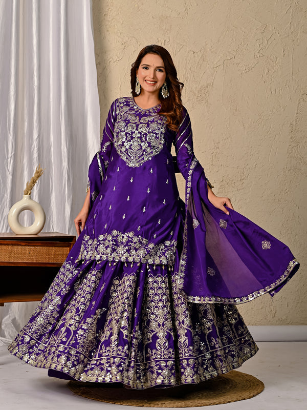 Women’s Designer Chinnon Silk Heavy Embroidered Lehenga Set with Dupatta