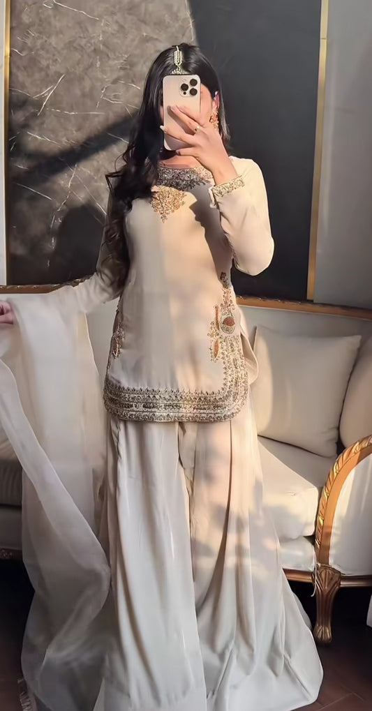 Women’s Korean Satin Silk Heavy Handwork Designer Sharara Suit Set