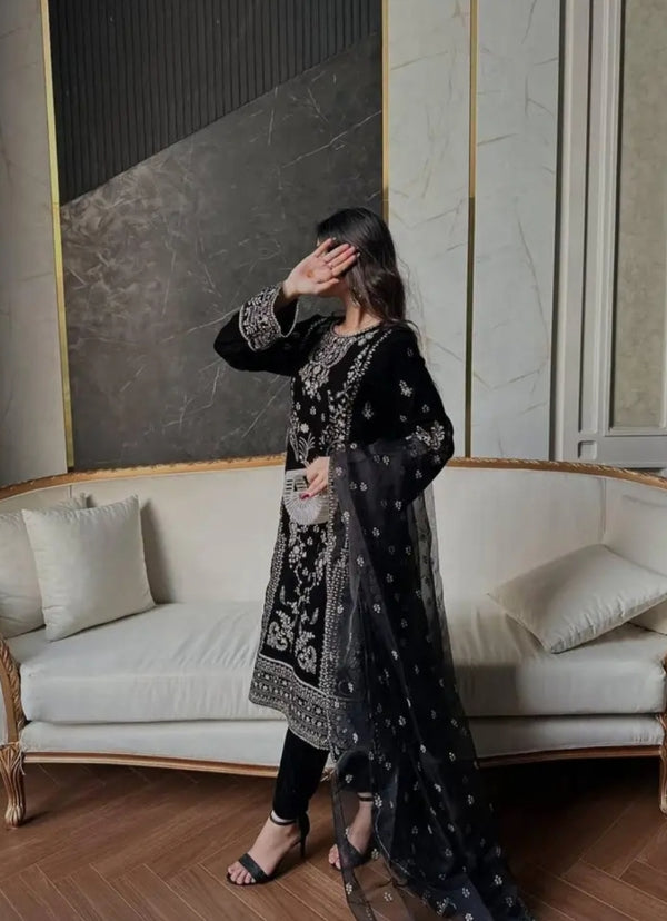 Women’s Chinon Silk Heavy Embroidery Sharara Suit Set with Dupatta