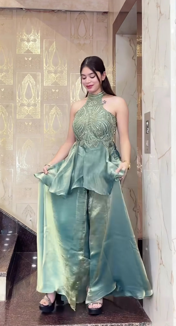 Heavy Fandy Silk Handwork Halter Neck Sharara Palazzo Set