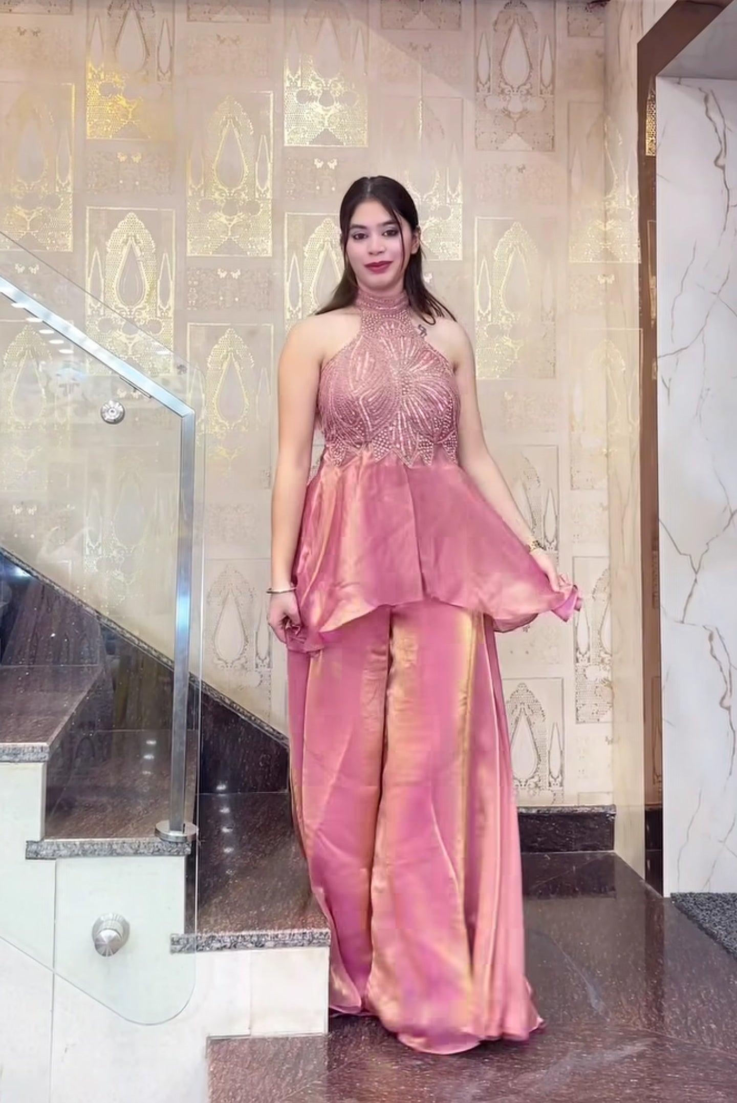 Heavy Fandy Silk Handwork Halter Neck Sharara Palazzo Set