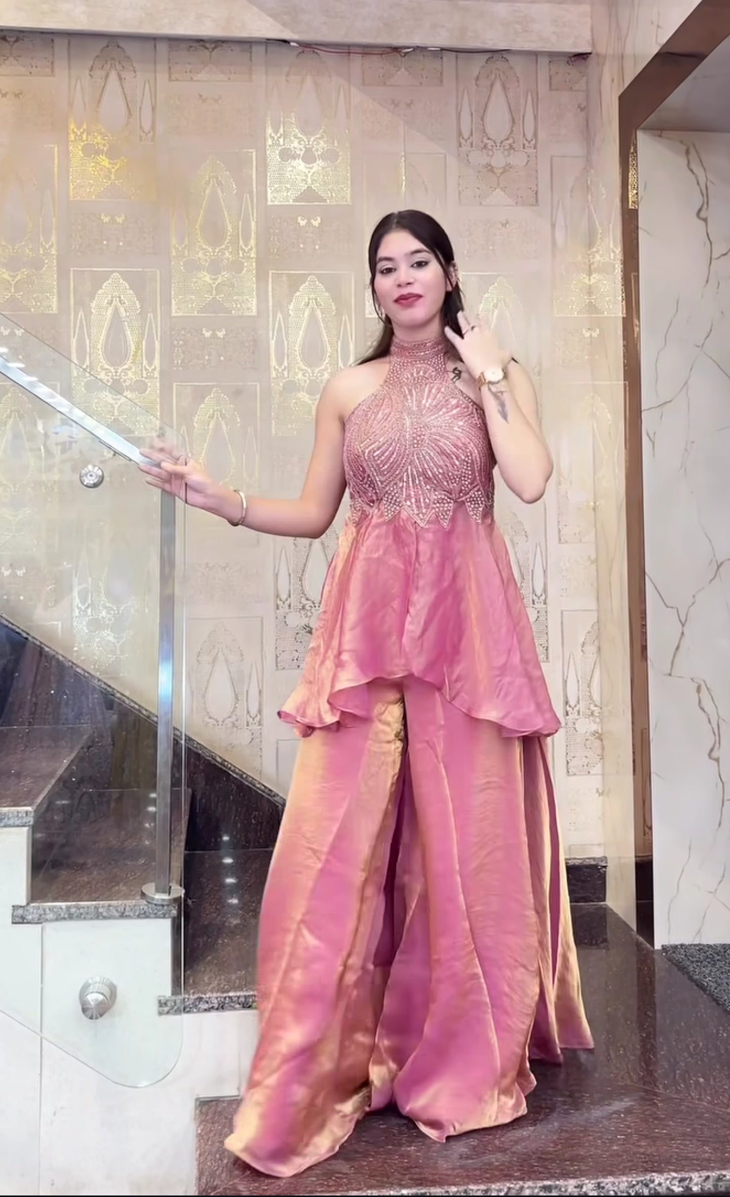 Heavy Fandy Silk Handwork Halter Neck Sharara Palazzo Set