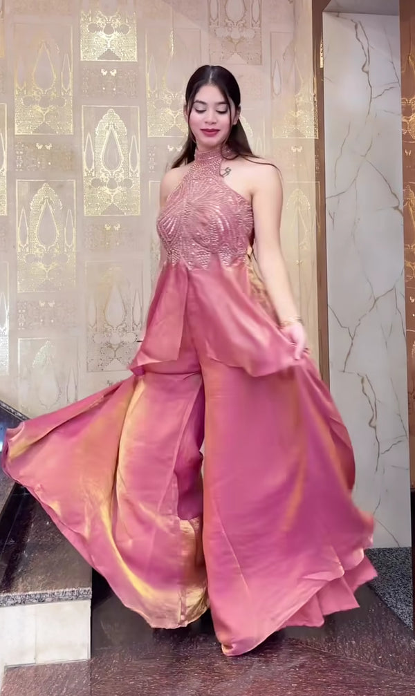 Heavy Fandy Silk Handwork Halter Neck Sharara Palazzo Set