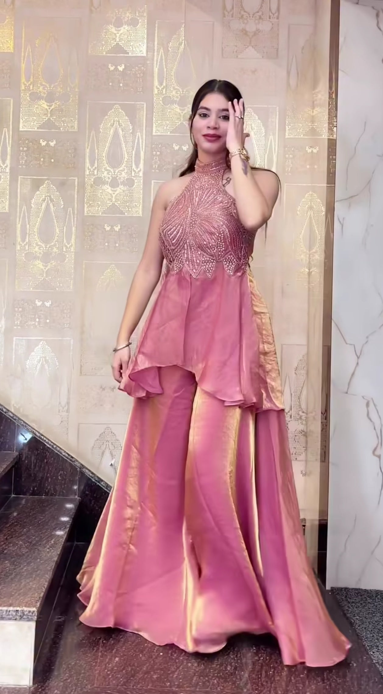 Heavy Fandy Silk Handwork Halter Neck Sharara Palazzo Set