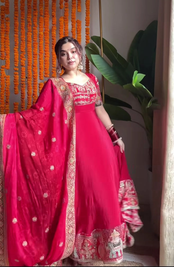 Red Designer Anarkali Suit with Embroidery & Dupatta