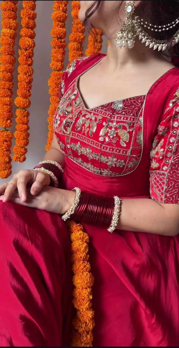 Red Designer Anarkali Suit with Embroidery & Dupatta