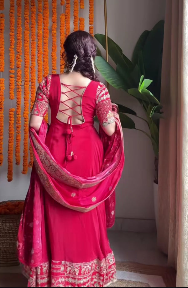 Red Designer Anarkali Suit with Embroidery & Dupatta
