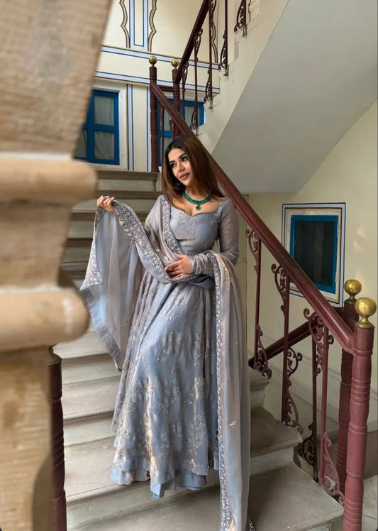 Heavy Fandy Silk Anarkali Plazzo Set Embroidery Party Wear