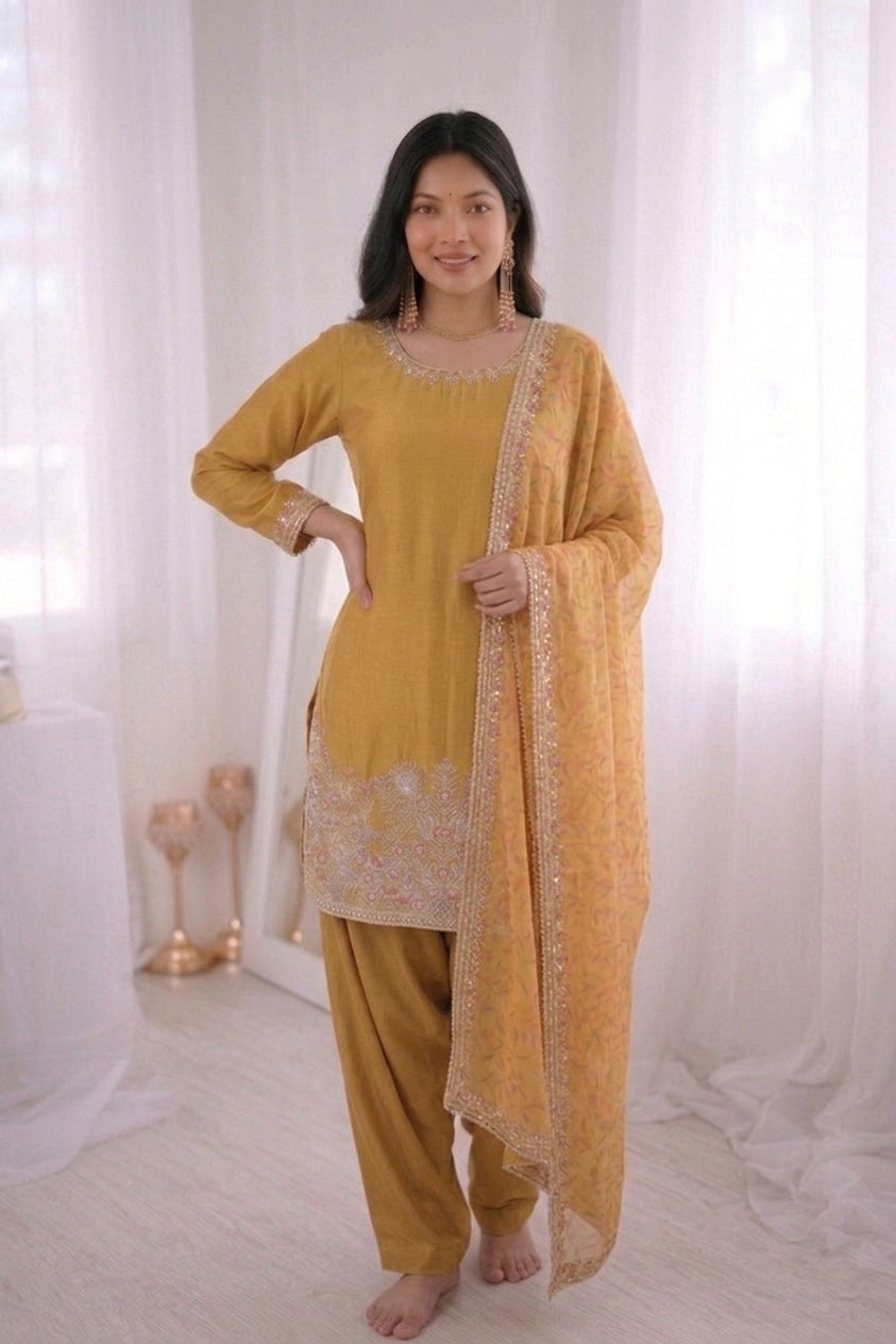 French Crepe Silk Farshi Suit Set Party Wear