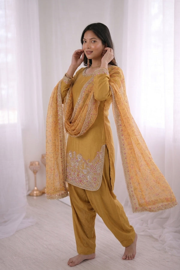 French Crepe Silk Farshi Suit Set Party Wear