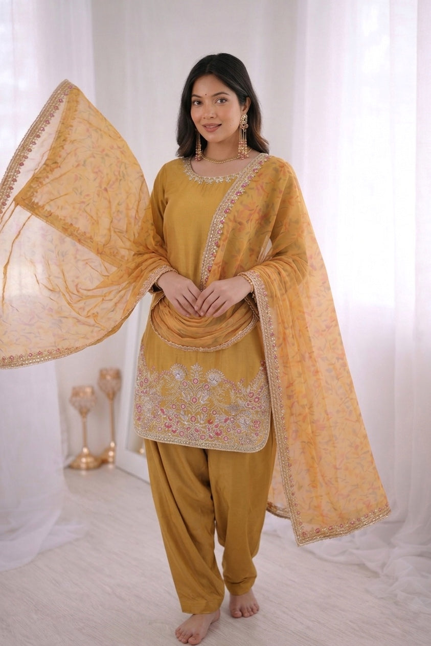 French Crepe Silk Farshi Suit Set Party Wear