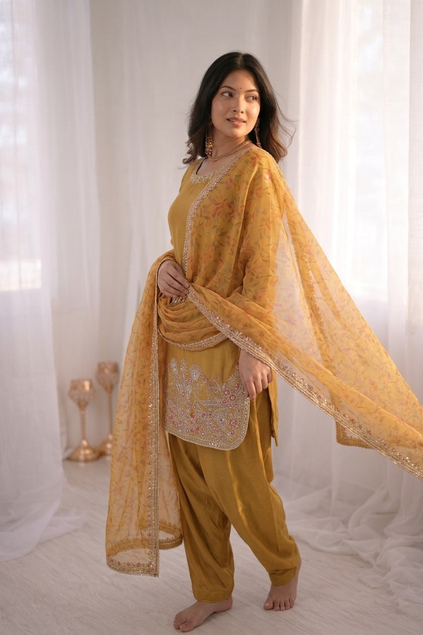 French Crepe Silk Farshi Suit Set Party Wear