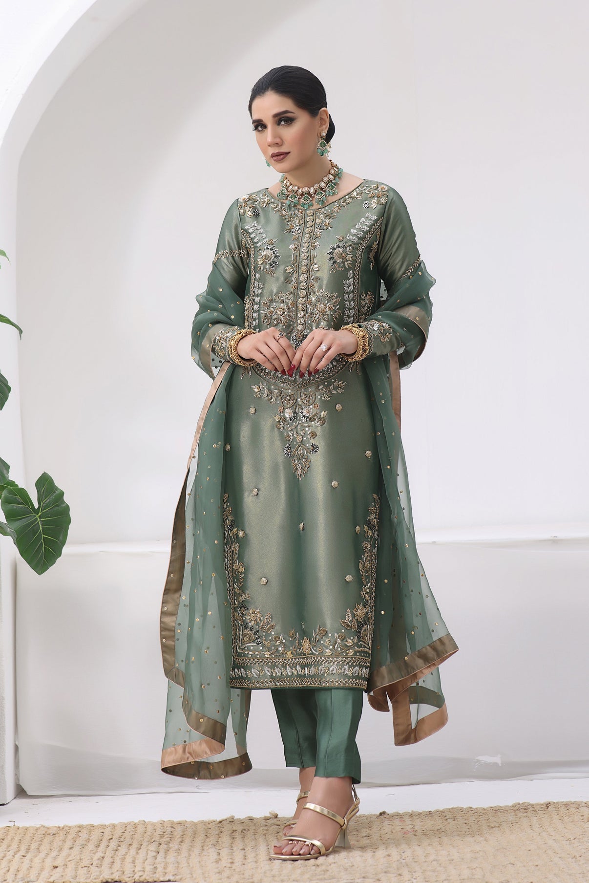 Pakistani Designer Jimmy Choo Silk Suit Set with Embroidered Dupatta