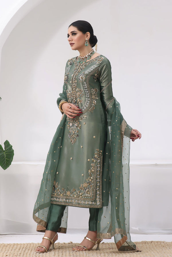 Pakistani Designer Jimmy Choo Silk Suit Set with Embroidered Dupatta