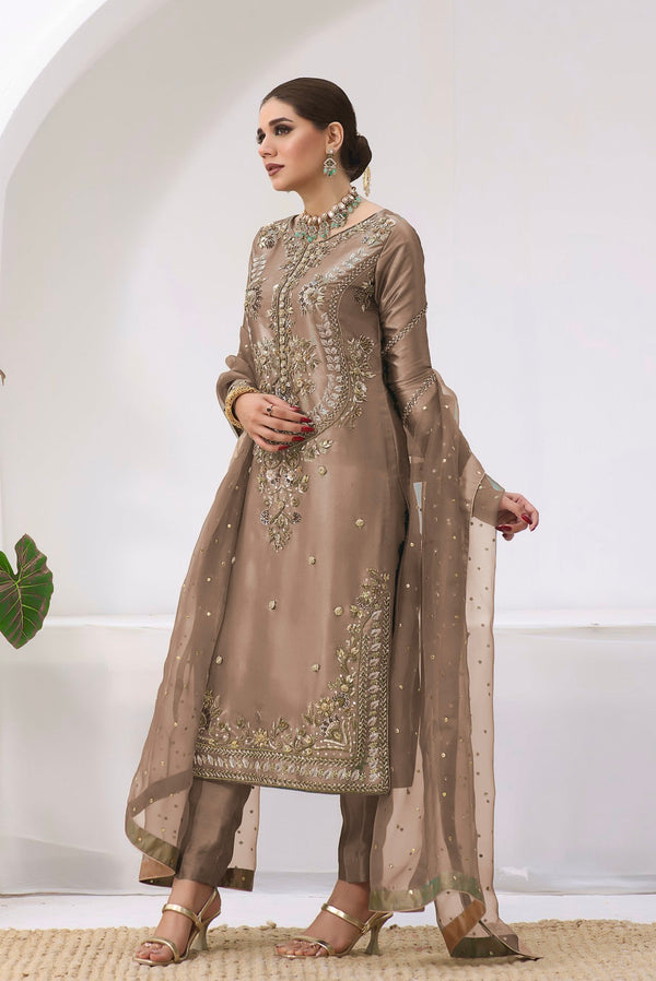 Pakistani Designer Jimmy Choo Silk Suit Set with Embroidered Dupatta